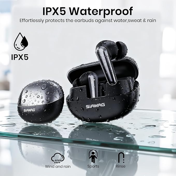 Wireless Earbuds Bluetooth 5.4 Light Weight in Ear Earphones 10mm Drivers with Powerful Bass IPX5 Waterproof Headphones 60H Long Playtime Bluetooth Headphones ANC ENC Noise Cancelling Black