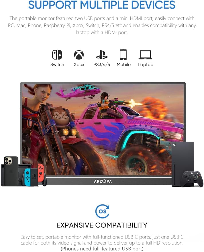 ARZOPA 16.1'' 144Hz Portable Gaming Monitor, 106% sRGB 1080P FHD Kickstand Portable Monitor with HDR, Ultra Slim, Eye Care, External Second Screen for Laptop, PC, PS5, Mac, Xbox-Z1FC