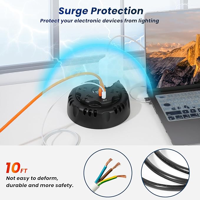 10ft Flat Plug Surge Protector Power Strip, Retractable Extension Cord with Multiple Outlets, 5 AC & 3 USB Charger(1 USB C Port), Desktop Charging Stations for Home/Office/Dorm Room