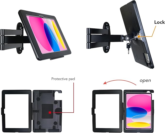 Tablet Wall Mount Bracket with fold for 2025 iPad 11" (A16) 11th/ 2022 iPad 10.9" 10th Gen.,Excluding Other 10.9"/ 11",Extend Adjustable Arm with Lock & Key,Multi Angle,Rotate,Metal(Black)