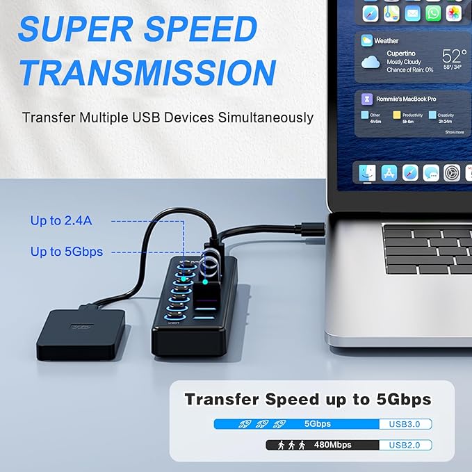 7-Port USB 3.0 Hub, Data USB Hub Splitter with Individual On/Off Switches and Lights, Compatible with Laptop, PC, MacBook, Mac Pro, Mac mini, iMac, Surface Pro and More