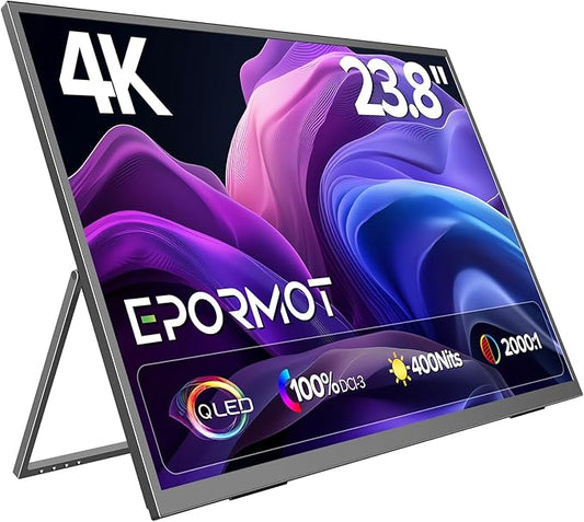 Portable Monitor 4K 23.8", 3840x2160 UHD 24" QLED Large Monitor, 400 Nits | 100% DCI-P3 | USB-C & HDMI | VESA & Kickstand | Second Screen for Computer, Mini PC, Game Consoles