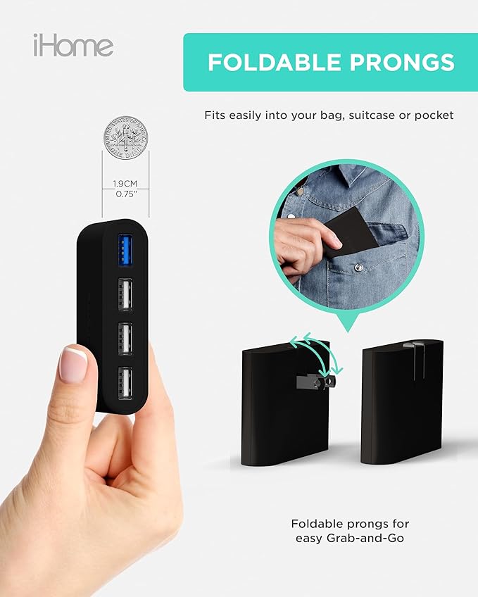 iHome Slim 4-Port USB Wall Charger, AC Pro Multiport Plug Adapter, Phone Charging Block with 4 Ports, Flat USB Wall Adapter for Home & Travel