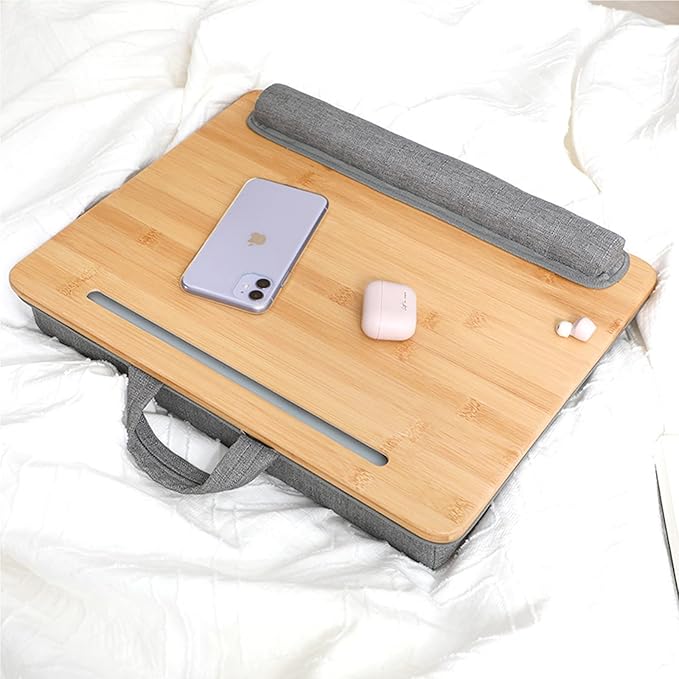 SUMISKY Lap Desk-Portable Laptop Stand with Cushion, Bamboo Platform with Phone Holder, Wrist Pad Fits up to 15.6 Inch Laptops