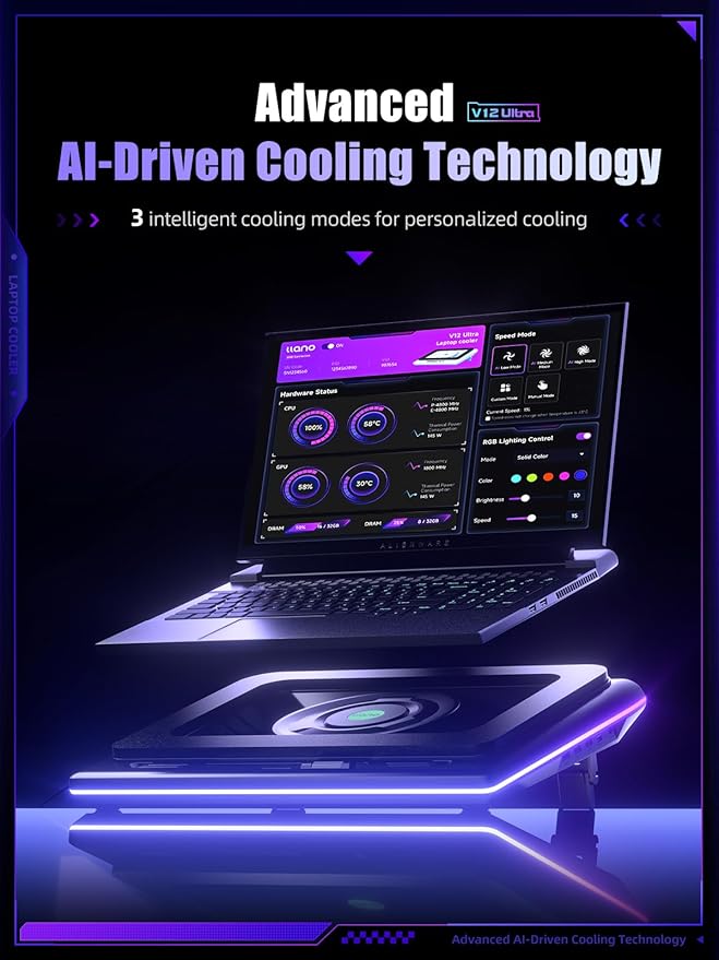 llano V12 Ultra Laptop Cooling Pad with Smart Software Control, RGB Gaming Laptop Fan Cooler Stand, 5.5" Turbo Fan, Adjustable Speed, 3*USB 3.0 Ports, 3 Height Stands, for 15.6"-19" Laptops, Black