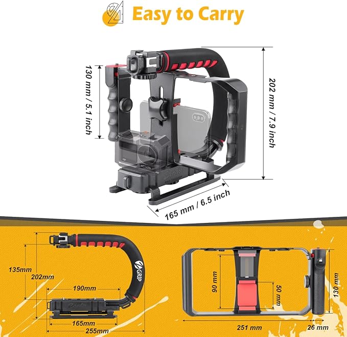 Zeadio Camera Handheld Stabilizer with Smartphone Video Cage Rig, Triple Cold-Shoe Handle Grip Compatible with All Camera Action Camera DSLR Smartphone