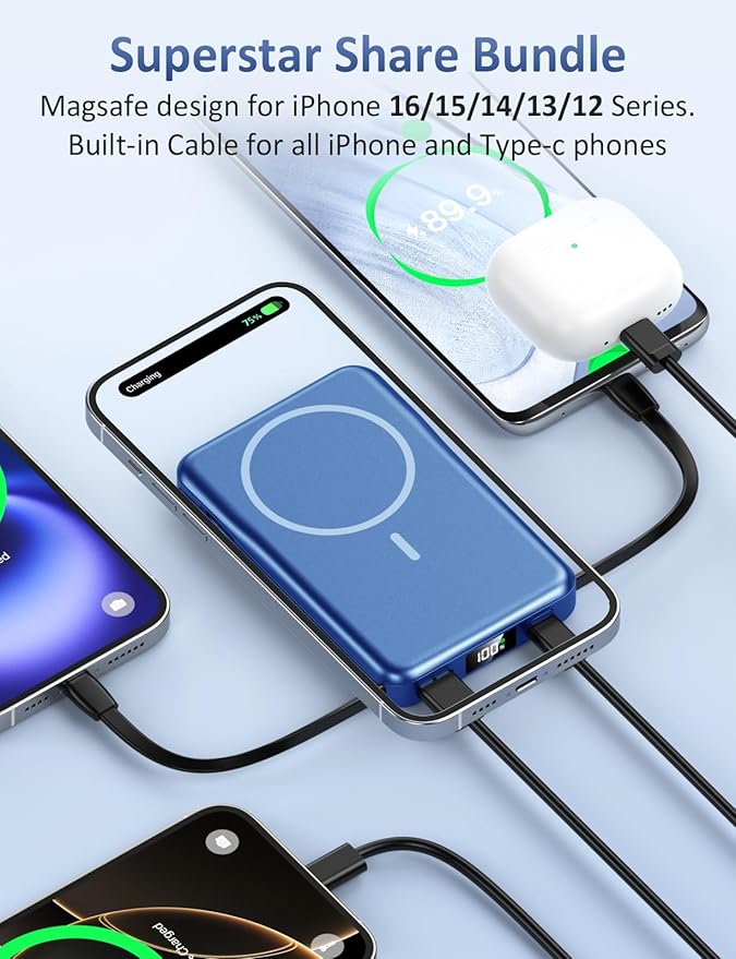 Magnetic Portable Charger, 10000mAh Power Bank, 5 in 1 Portable Charger with Built in Cable, 20W Fast Charging for Magsafe Battery Pack Compatible with iPhone 16/15/14/13 Pro/Pro Max, Samsung Series