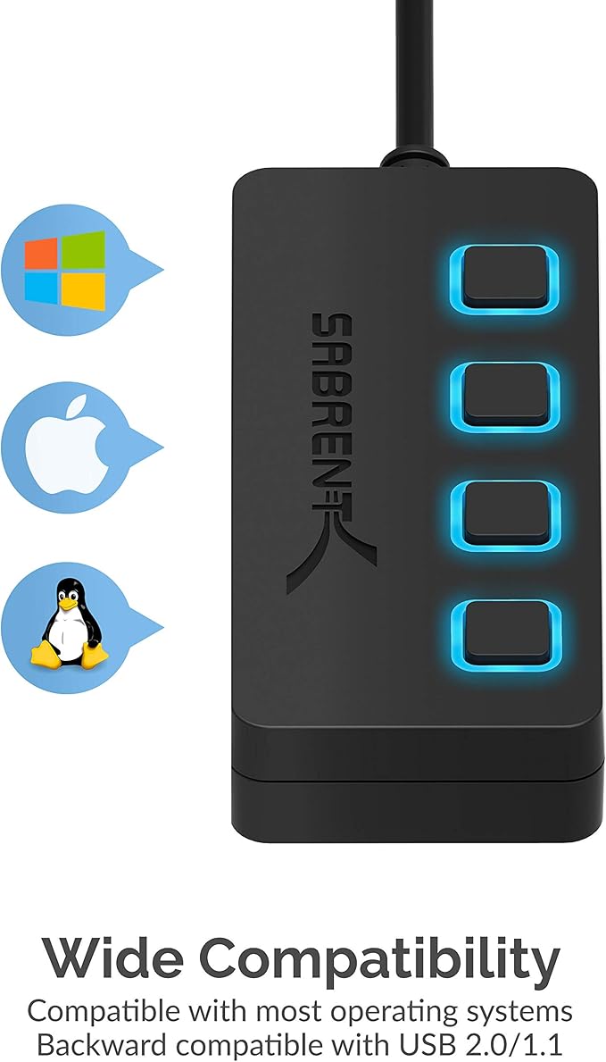 SABRENT 4-Port USB 3.0 Hub with Individual LED Power Switches - Slim, Portable Design - 2 Ft Cable - Fast Data Transfer - Compatible with Mac & PC (HB-UM43)