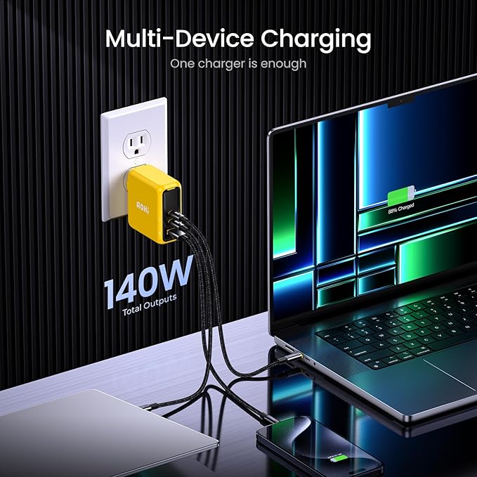 AOHI Magcube 140W USB C Charger PD3.1 3-Port GaN+ Laptop Wall Charger 100W Fast Charging Power Adapter Foldable Plug for MacBook Pro 16'', Dell XPS, iPad Pro, Galaxy, iPhone 17 Pro, Chromebook, Yellow