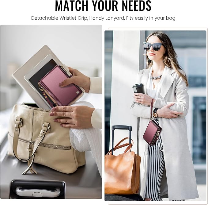 Passport Holder Wallet Bag with AirTag Holder, 11 Card Slots and Passport Solt Cash Solt Photo Solt Zipper Pocket, RFID Blocking Wristlet Strap.Wine