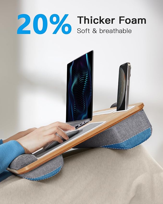 HUANUO Lap Desk - Fits up to 17 inches Laptop Desk, Built in Mouse Pad & Wrist Pad for Notebook, Laptop, Tablet, Lap Stand with Tablet, Pen & Phone Holder (Wood Grain)