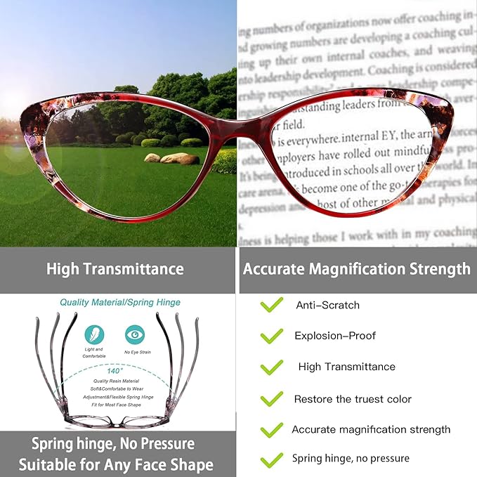 EYEURL Cat Eye Reading Glasses for Women, 2 Pack Blue Light Blocking Readers for Ladies Spring Hinge Fashion Pattern +4.00 Magnification Anti Eyestrain UV Protection