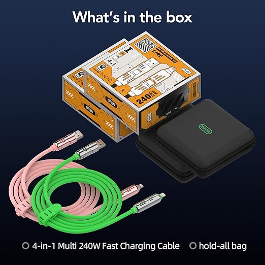 MFish 240W 4-in-1 Universal USB Charging Cable [2 Pack, 6.6ft] – Fast Charger Cord with USB-A, Dual USB-C & Lighting, for iPhone 14/15/16 Series, iPad & MacBook & More (2PACK, Pink+Green, 6.6Ft)