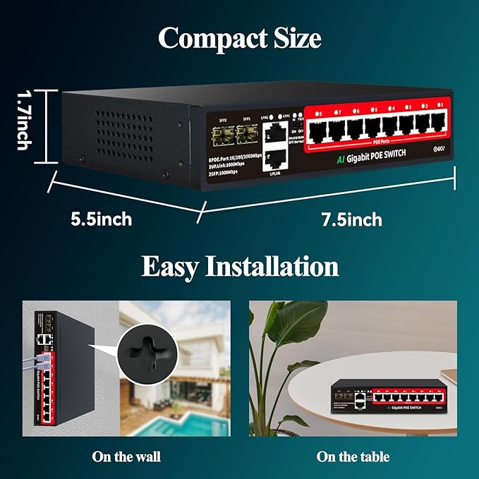 STEAMEMO 8-Port Gigabit PoE Switch | 2×Gigabit Uplinks + 2×1.25G SFP, AI VLAN Mode, 802.3af/at@120W, Unmanaged Metal Plug & Play (Desktop/Wall Mount)