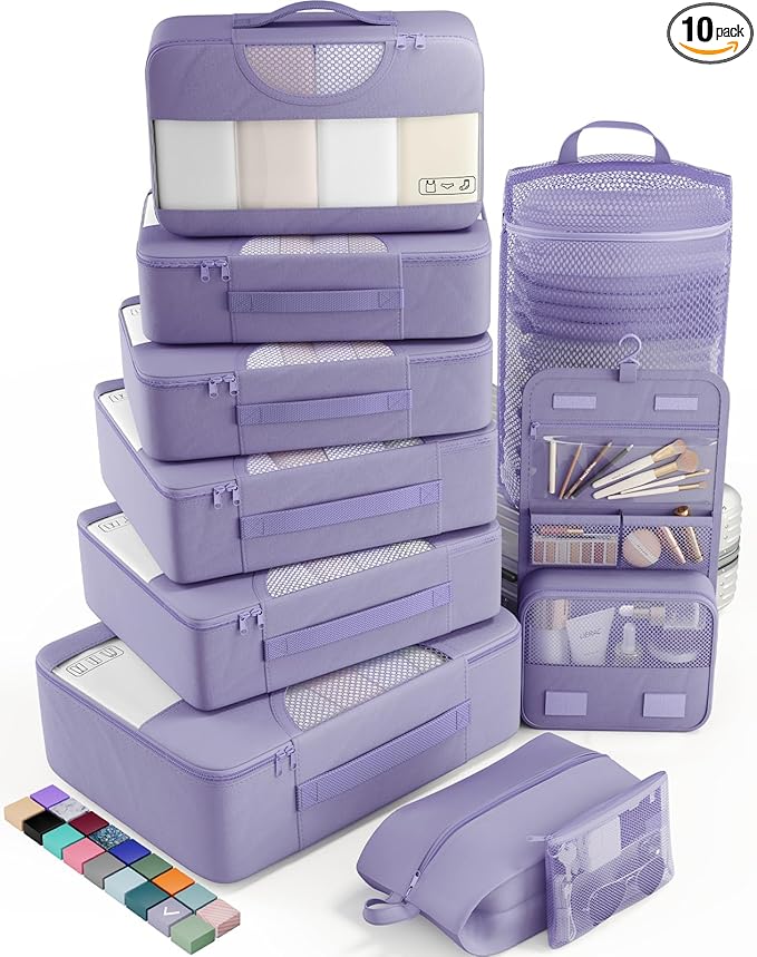 Veken 10 Set Packing Cubes for Travel Essential, Suitcase Organizer Bags in 4 Sizes, Carry-On Luggage Accessories with Large Laundry & Hanging Toiletry Bag, Must-Have for Airplane, Road Trip & Camping