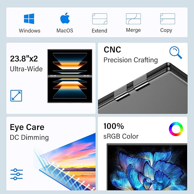 InnoView 23.8" FHD 100Hz Dual Monitor Built-in Speakers 315°Adjustable 100% sRGB Double Monitor Extendrer for Windows Mac w/HDMI Type-C Work Office Triple Monitors