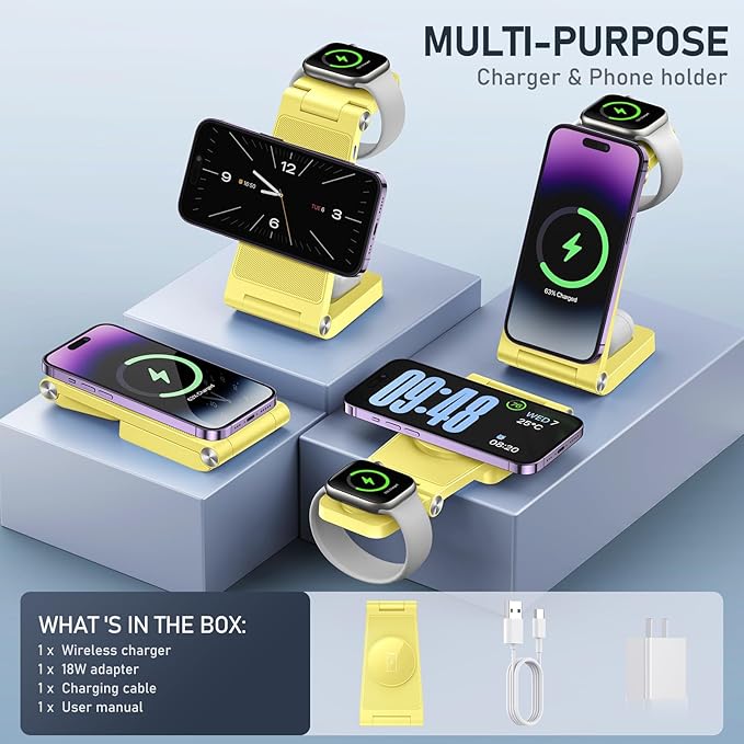 Magnetic Wireless Charger Stand, 3 in 1 Foldable Wireless Charging Station, Travel Charger for Multiple Devices for iPhone 16 15 14 13 12 Series, Apple Watch Ultra/SE/9/8/7/6/5/4/3/2, AirPods
