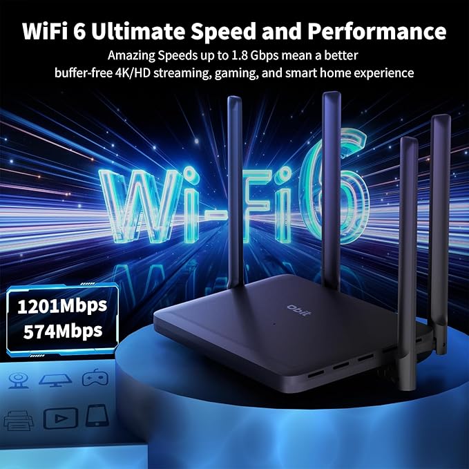 DBIT AX1800 WiFi 6 Router Dual Band Wireless Internet Router, Wireless Speed (Up to 1.8 Gbps) with 4 x Gigabit Ethernet Ports, MU-MIMO, OFDMA, WPA3, IPV6, EasyMesh, Guest WiFi, Parental Controls