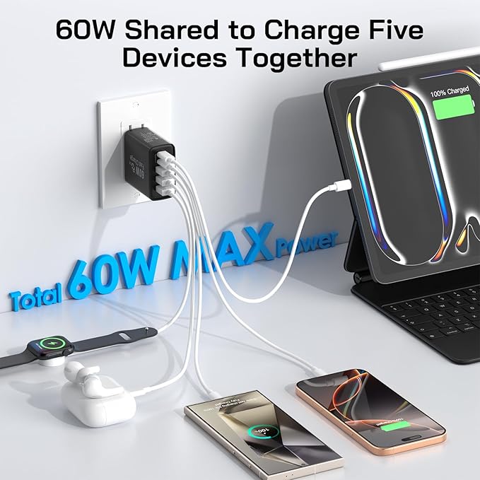 2Pack USB C Fast Charger Block, 60W 5-Port USB C Wall Charger 30W Type C Charging Block, 2USB C+3USB A PPS/PD 3.0 Multiport Charging Cube for iPhone 17 16 15 14 Pro Max,for Galaxy S25 S24 Ultra, i Pad