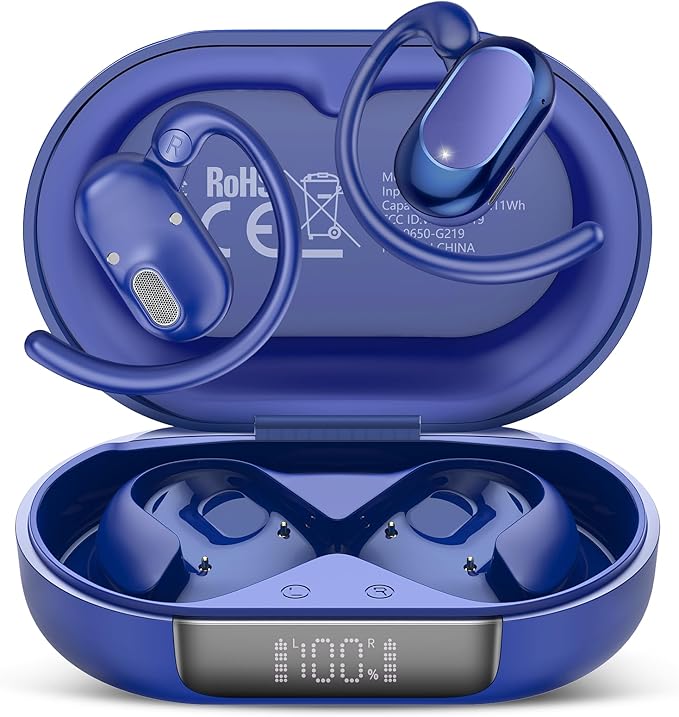 Open Ear Headphones, Bluetooth 5.4 Earphones 36H Playtime Air Conduction Headphones with Mic, Adjustable Earhook Earbuds with ENC Clear Calls/LED Display, IPX7 Waterproof Open Ear Earbuds, Blue