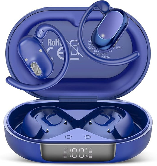 Open Ear Headphones, Bluetooth 5.4 Earphones 36H Playtime Air Conduction Headphones with Mic, Adjustable Earhook Earbuds with ENC Clear Calls/LED Display, IPX7 Waterproof Open Ear Earbuds, Blue