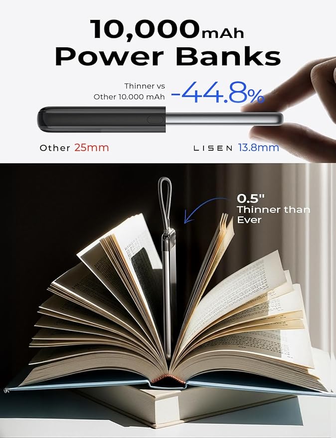 LISEN 0.5" Ultra Slim Portable Charger Power Bank [10000mAh 22.5W] CCC Certified Power Bank TSA Approved, Airplane Gadgets for Global Travel Essentials Portable Battery Pack with Built-in USB C Cable