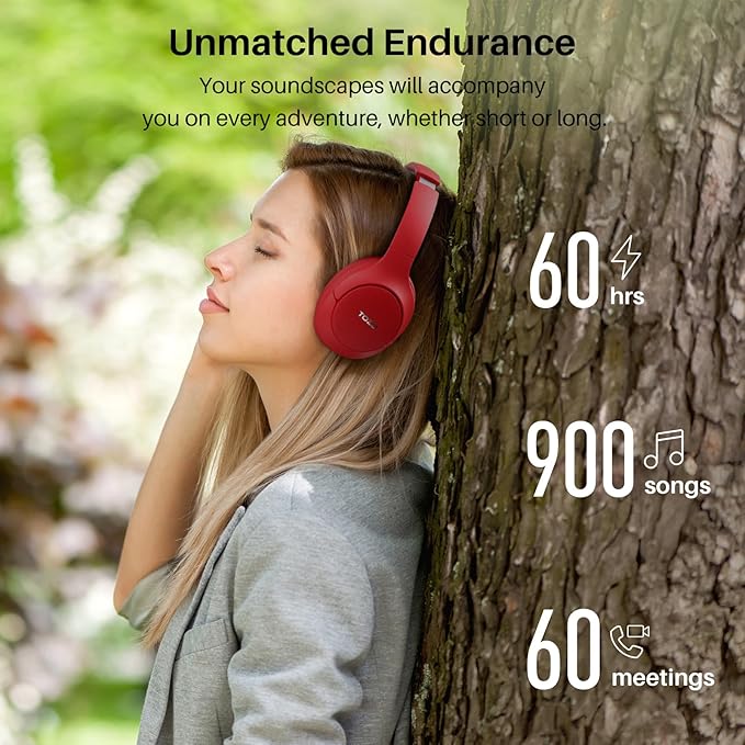 TOZO HT2 Hybrid Active Noise Cancelling Headphones, Wireless Over Ear Bluetooth Headset, 60H Playtime, Hi-Res Audio Custom EQ via App Deep Bass Comfort Fit Ear Cups, for Home Office Travel Dark Red