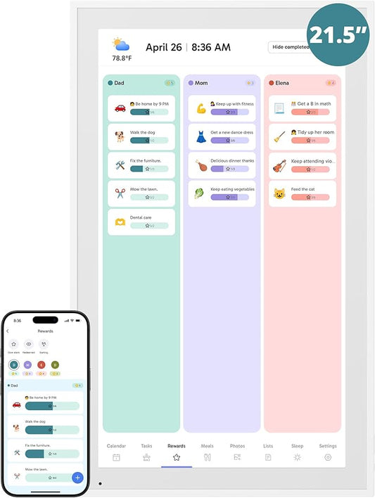 Digital Calendar 21.5 Inch Touch Screen, Electronic Wall Calendar Chore Chart for Family Monthly/Weekly Planner, Interactive Display Smart Calendar for Home Organization, Desk Mount Included - White