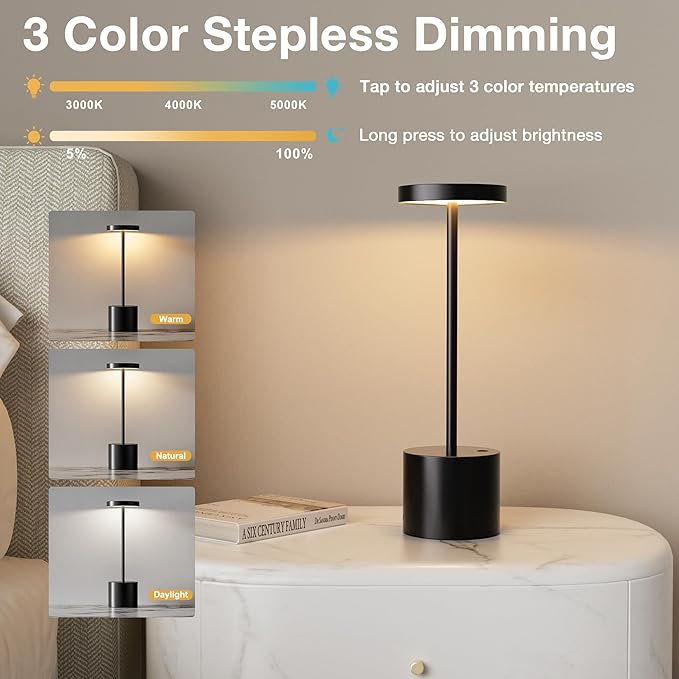Cordless Table Lamp, 4000mAh Rechargeable Battery Powered Lamps, 3 Color Stepless Dimming, LED Wireless Outdoor Lamps for Dining Room, Bedroom, Bar, Cafe, Restaurant, Patio, Camping, Set of 2- Black