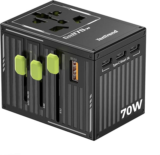 70W Universal Travel Adapter with 4 USB-C & 1 USB-A Ports, International Power Adapter, European Travel Plug Adapter, Worldwide Travel Essentials for EU UK AUS USA