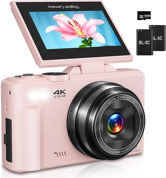 Digital Camera for Photography, 4K Vlogging Camera for YouTube 3" 180° Flip Screen 18X Digital Zoom Compact Cameras with 32GB TF Card & 2 Batteries, Pink