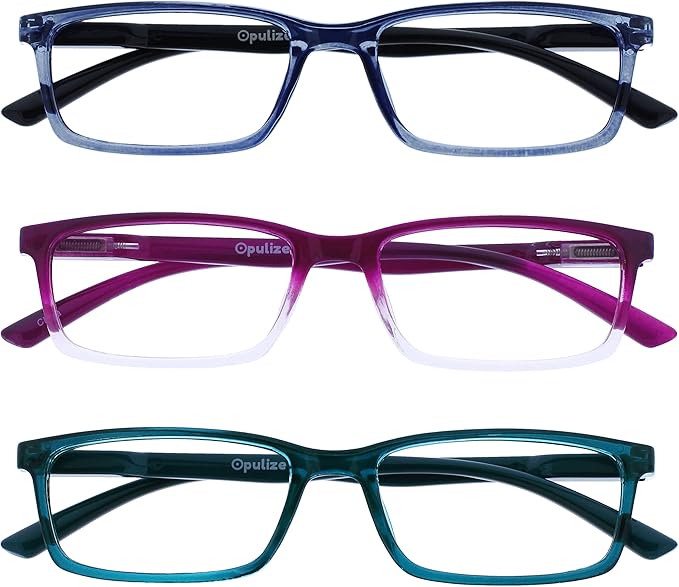 OPULIZE SEE Reading Glasses with Blue Light Blocking for Women and Men, Narrow Frame, Spring Hinges, Computer Gaming Glasses, Blue,Purple,Turquoise +1.5 (Pack of 3)