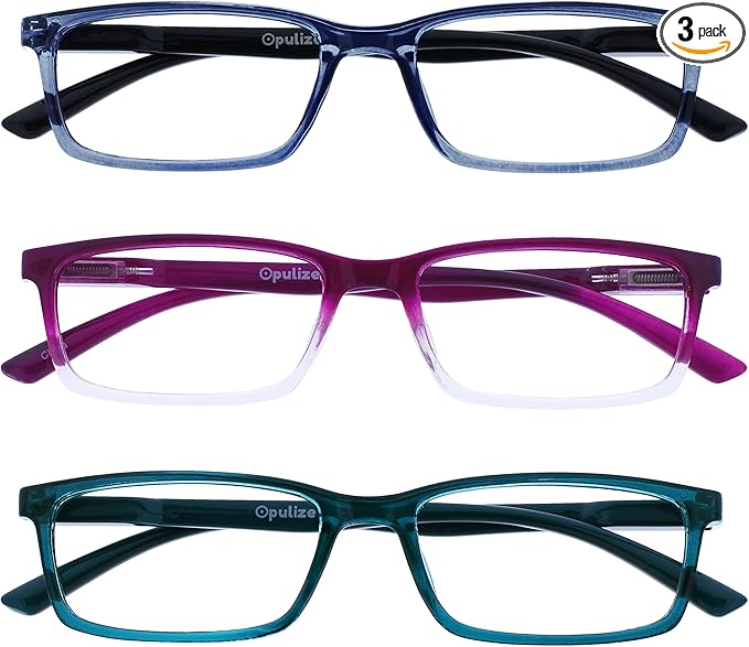 OPULIZE SEE Reading Glasses with Blue Light Blocking for Women and Men, Narrow Frame, Spring Hinges, Computer Gaming Glasses, Blue,Purple,Turquoise +3 (Pack of 3)