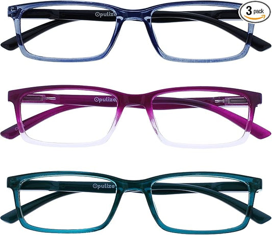 OPULIZE SEE Reading Glasses with Blue Light Blocking for Women and Men, Narrow Frame, Spring Hinges, Computer Gaming Glasses, Blue,Purple,Turquoise +2.5 (Pack of 3)