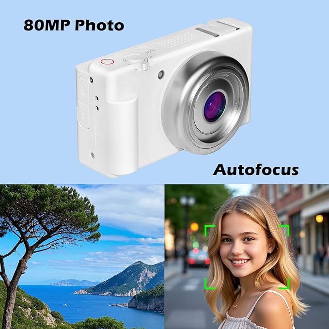 5K 4K Digital Camera with Flip Screen Flash, 80MP 18X Zoom Autofocus Compact Point and Shoot Digital Cameras for Teens, Beginners, Photography, Vlogging, Travel with 2 Batteries (White)