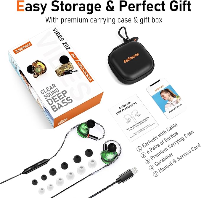 Vibes 202 Wired Earbuds, HiFi in Ear Monitor Headphones, Noise Isolating Ear Buds w/Mic, Deep Bass & Comfort-Fit Earphones, Silver Plated Cord, Carrying Case, Lightning, Green