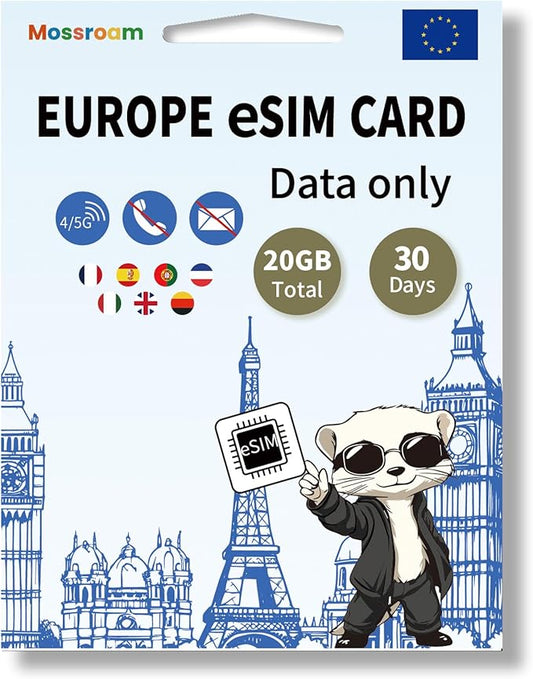 Europe eSIM Card: 20GB High-Speed Data, 30 Days Prepaid Plan for 7 Countries, Hotspot Support | Ideal for Travel UK, France, Germany, Italy & More No Contract, No SIM Card,No Voice Call, No SMS