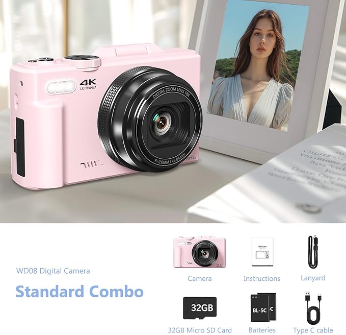 4K Digital Camera for Photography, 64MP Vlogging Camera for YouTube with 3" 180° Flip Screen, 18X Digital Zoom Point and Shoot Camara with 32GB Micro SD Card for Beginner (Light Pink)