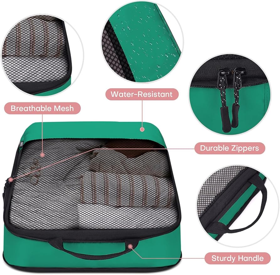 4 PCS Set Compression Packing Cubes for Travel, Lightweight Packaging Organizer Bags for Carry On Space Saving, Travel Essentials Cubes for Suitcase Backpack, Green