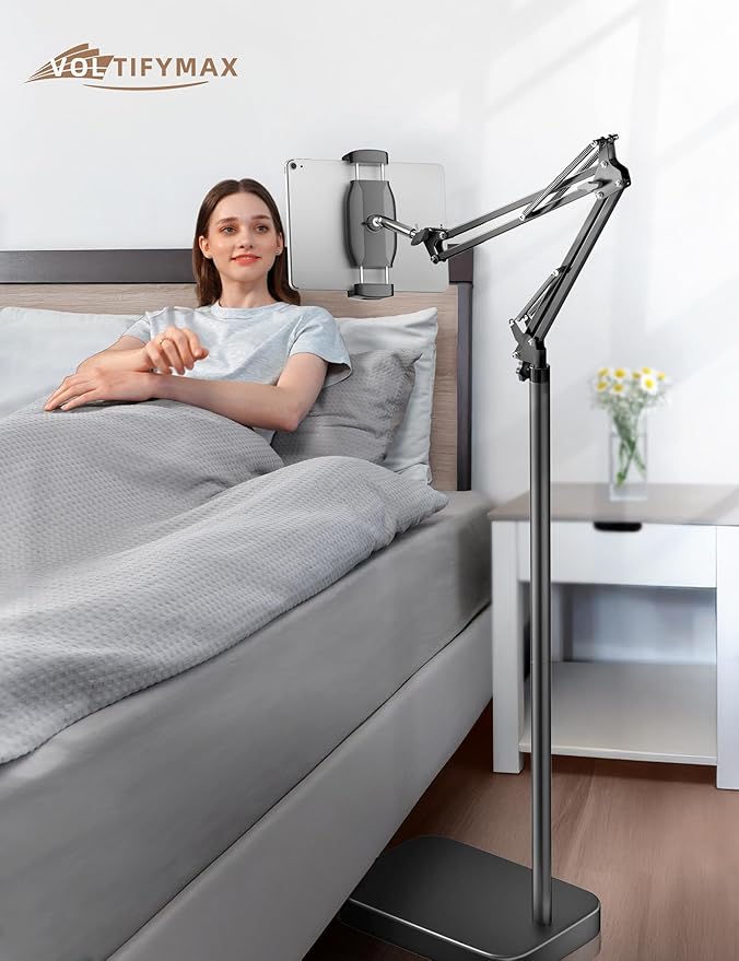 Kindle Floor Stand with Remote Page Turner, Tablet Stand with 11lb Stable Base, Adjustable Height Tablet Holder Mount, Compatible Kindles Tablets iPhones 4.7-12.9 inch