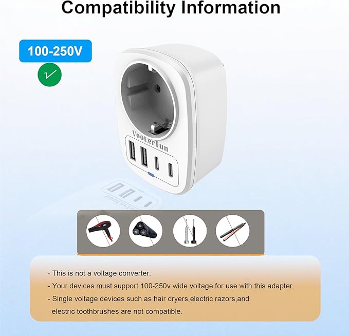 EU to US Plug Adapter 2 Packs, European Type C/E/F to US Travel Plug Adapter with 1 Europe AC Outlets, 4 USB Charger Ports (2 USB C), for Most of Europe Germany France Spain