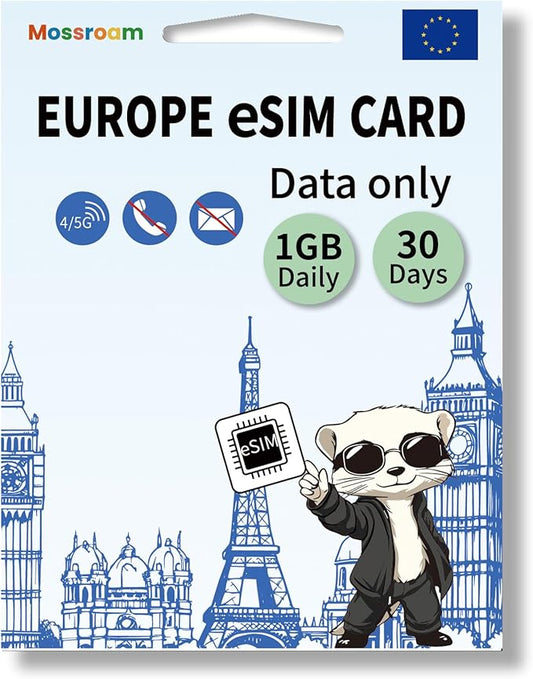 eSIM for Europe Travel,1GB Data/Daily 30 Days at 4G/5G speeds,Data Only eSIM,Use Europe eSIM in UK & 30+ Countries in The EU