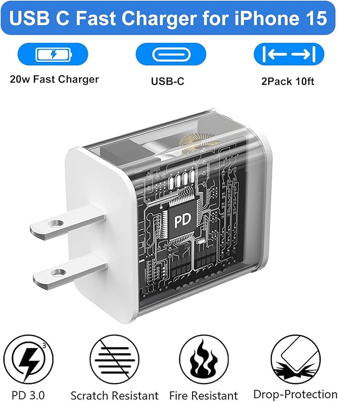 iPhone 15 Charger Fast Charging, 20W USB C Charger Block Plug Brick 10FT USB C to USBC Cable Cord Compatible with iPhone 15/15 Pro/15 Pro Max/15 Plus, iPad Pro 12.9/13/11inch,iPad Mini 6,iPad Air 4/5