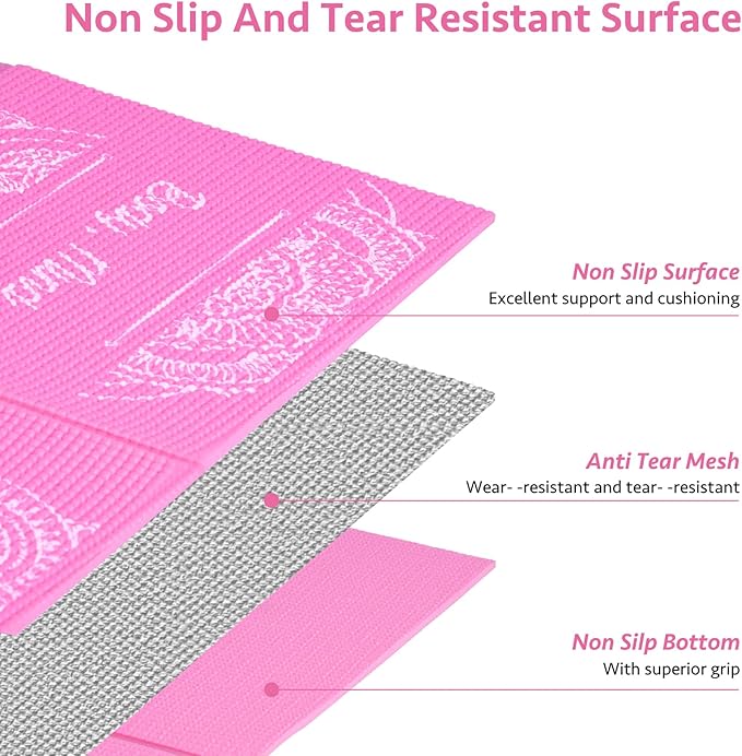 Foldable Yoga Mat for Women, Non Slip Exercise Mat for Home Gym, 5mm Travel Yoga Mats Set With Stretch Strap for Yoga Pilates and Fitness, 68"L x 24"W x 0.2 Inch Thick