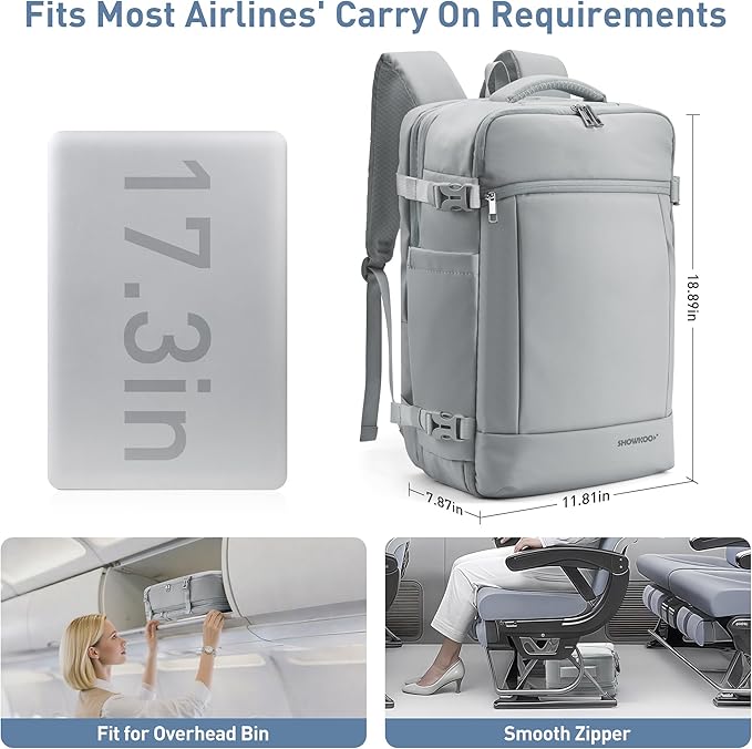 SHOWKOO 40L Travel Backpack for Men & Women, Airline Approved Carry On Laptop Backpack Fits 17.3", Waterproof Personal Item Bag Expandable Large Capacity Weekender Backpack