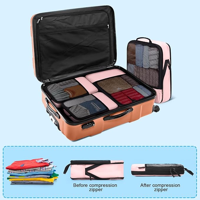 4 PCS Set Compression Packing Cubes for Travel, Lightweight Packaging Organizer Bags for Carry On Space Saving, Travel Essentials Cubes for Suitcase Backpack, Pink