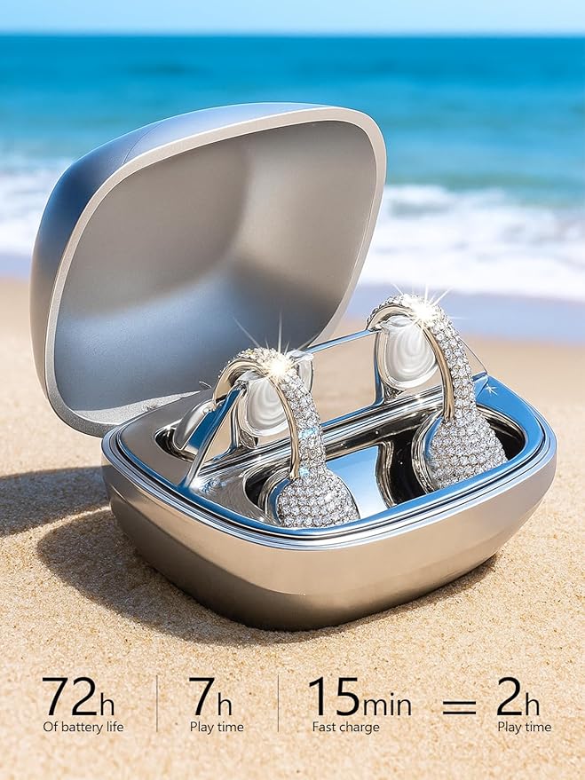 JewelPods C01 Wireless Earbuds,Open Ear Earbuds Jewelry-Inspired Designs Metal Clip-on,Excellent Spatial Audio,Sweat and Water Resistant,72H Play,White Gold