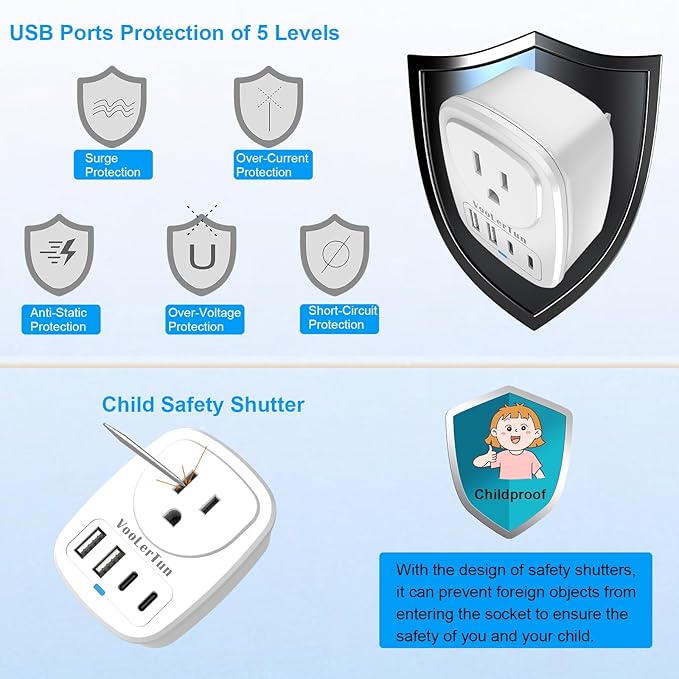 Type A Plug Travel Adapter,2 Packs Japan Plug Adapter, International Plug Travel Converter with 4 USB Ports and 1 American Outlet, US Socket to Philippine China Taiwan Travel essentials.