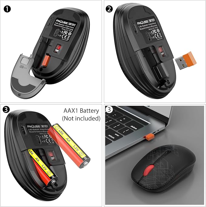 Dual Mode Wireless Mouse: Bluetooth & 2.4GHz USB, Silent Click, Ergonomic for Office & Study, AA Battery (1 Year Life), Portable for Laptop, PC, Mac, iPad, Windows/MacOS/Android (Black)