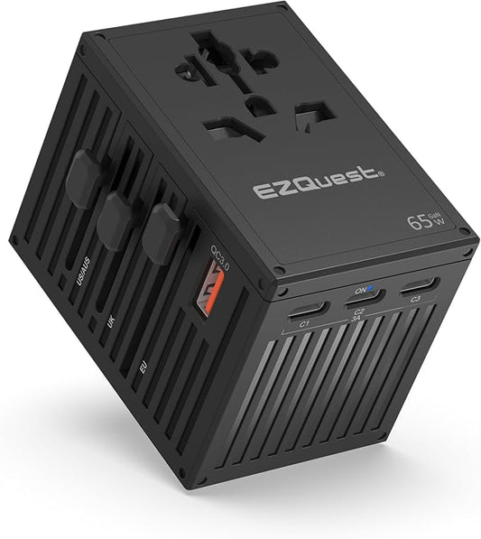 EZQuest WorldTravel 65W GaN 5-Port Wall Charger - Compact Universal Travel Adapter with 4 Plug Types (US/UK/EU/AU) for 200+ Countries - 4X USB-C & 1x USB-A Ports, PD Fast Charging - Black